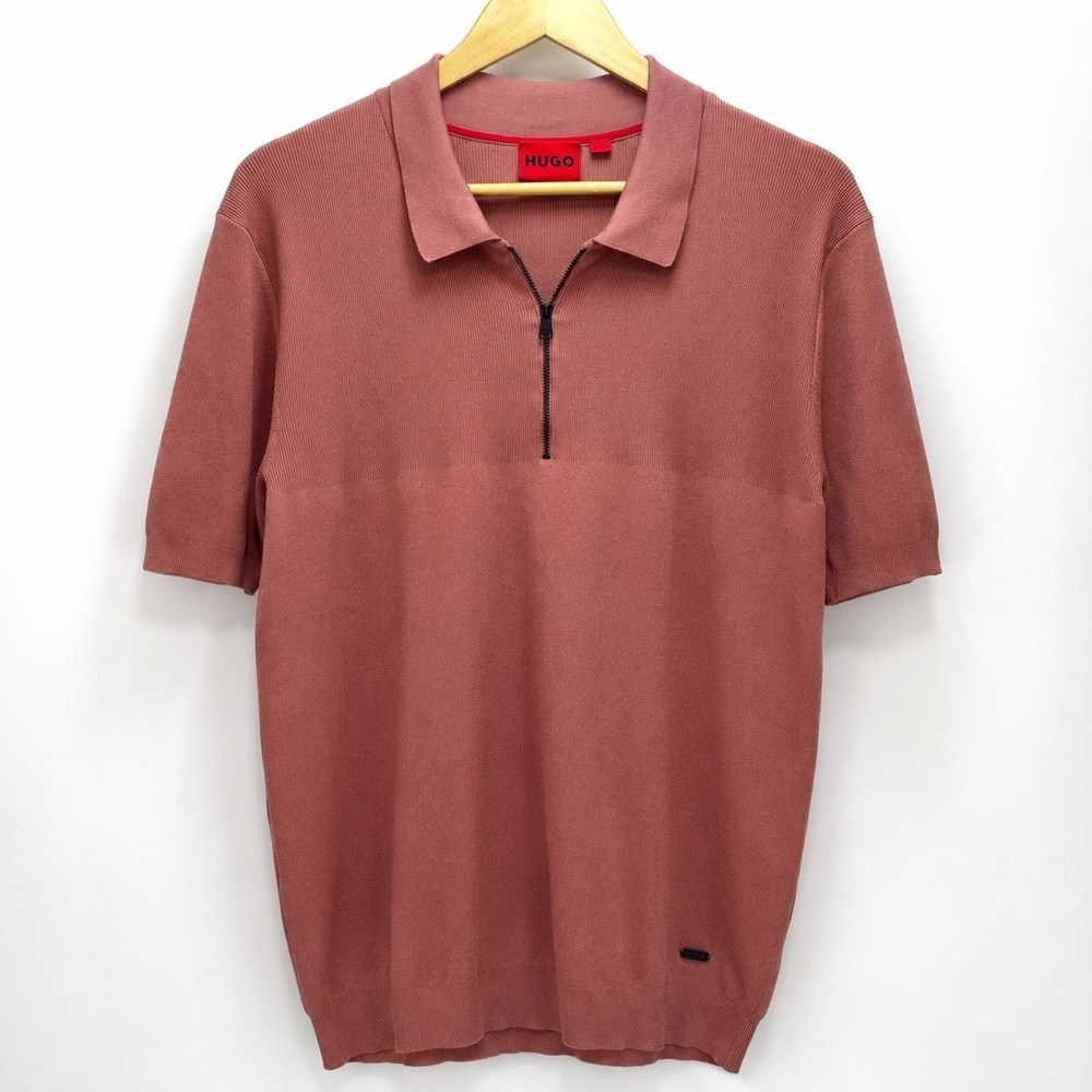 HUGO Boss Men's XXL Dusty Rose Knit Quarter Zip Polo Shirt Short Sleeve Turkey